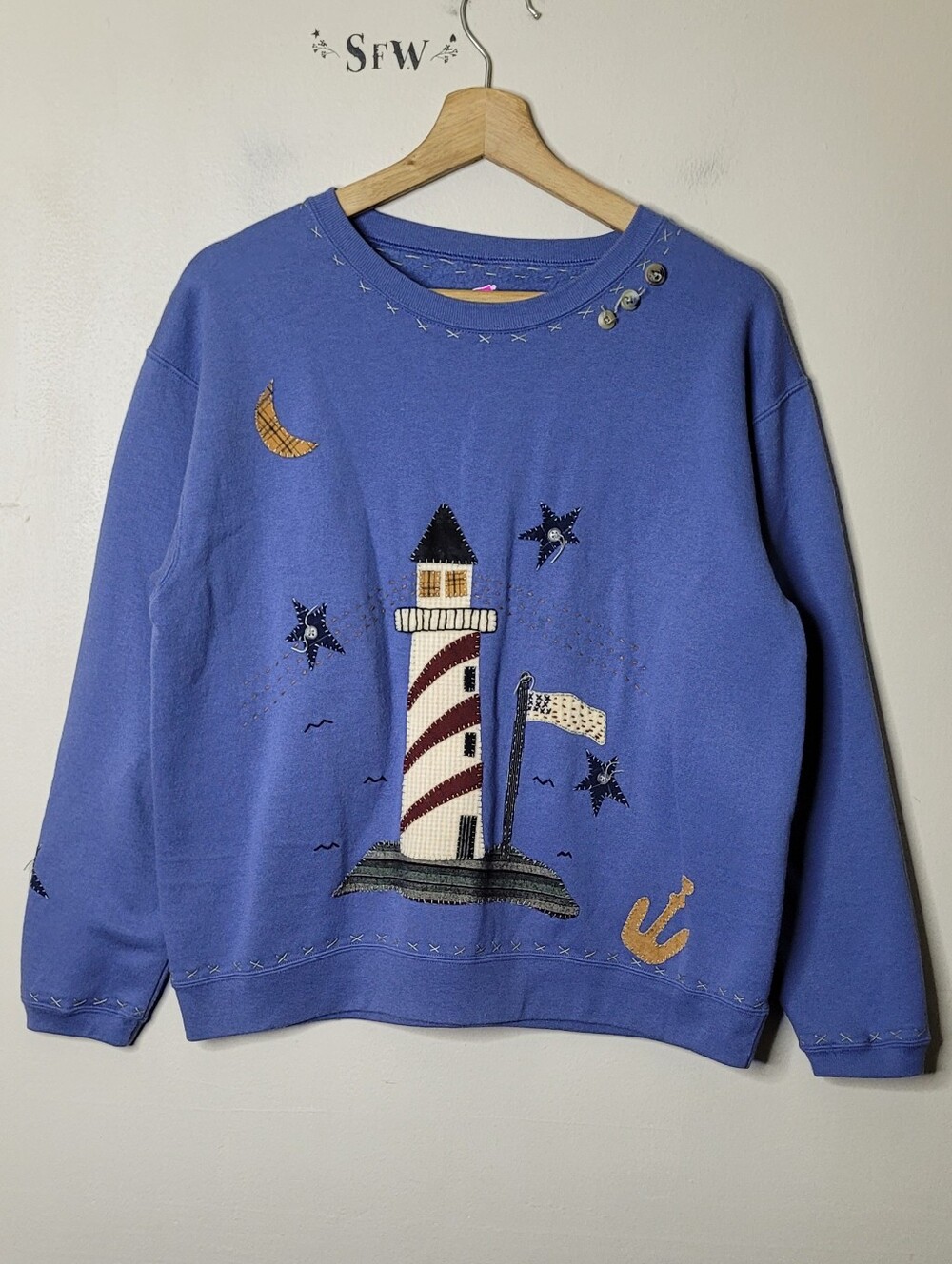 Hand-sewn Nautical Lighthouse Beachy Sweatshirt American Flag Size M - Picture 2 of 11
